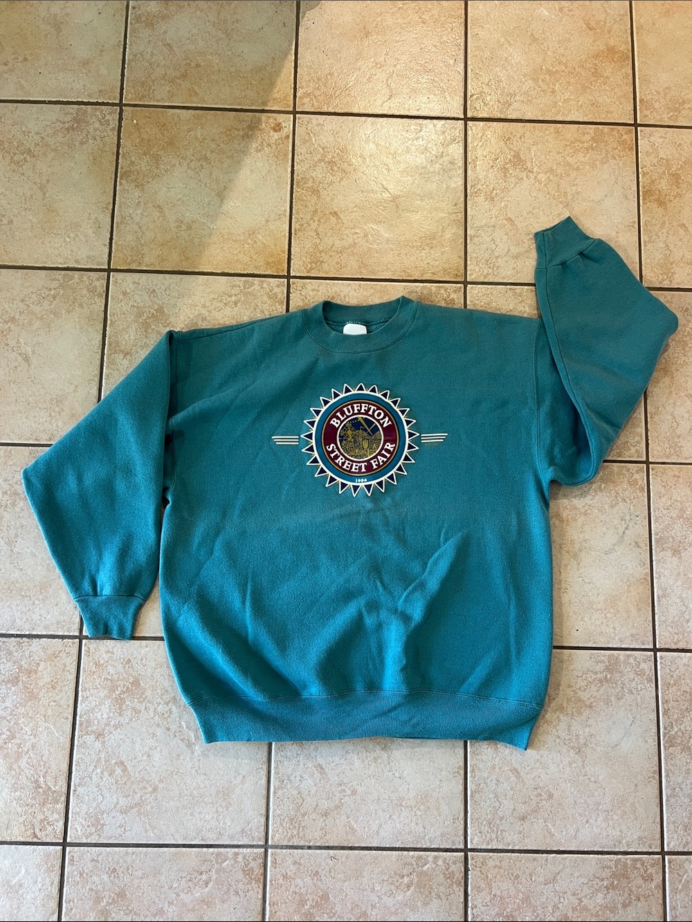 Vintage Hanes Bluffton IN Street Fair 1996 Teal Crewneck Sweatshirt, XL
